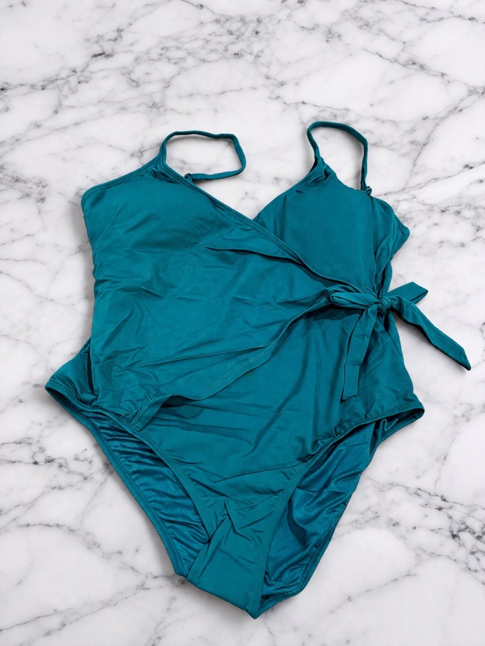 White Birch Wrap One Piece Swimsuit L XL 1X 2X Teal Tie Waist NWOT
